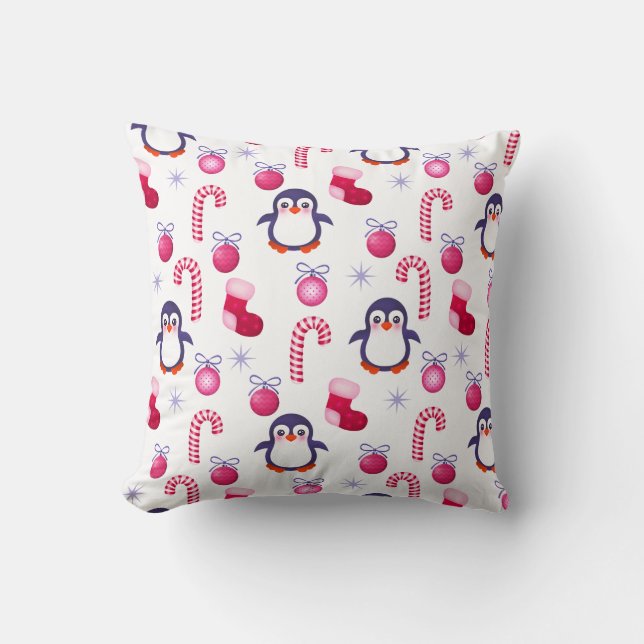 Cute Pink & White Kerstpatroon met pinguïns Kussen (Voorkant)