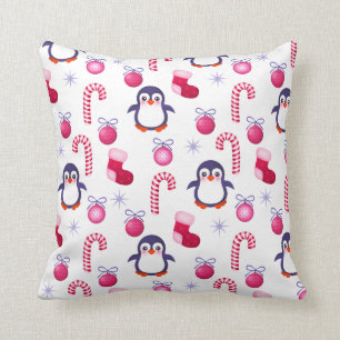 Cute Pink & White Kerstpatroon met pinguïns Kussen