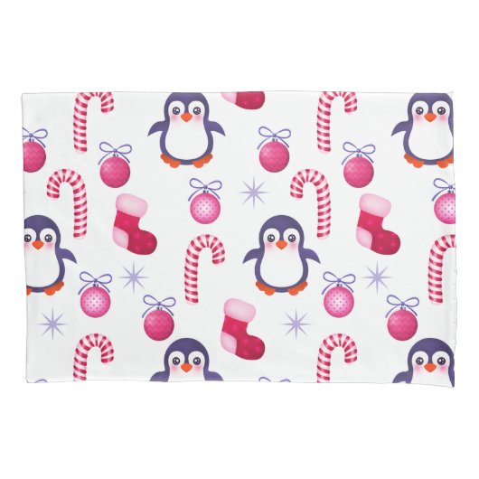 Cute Pink & White Kerstpatroon met pinguïns Kussensloop (Voorkant)