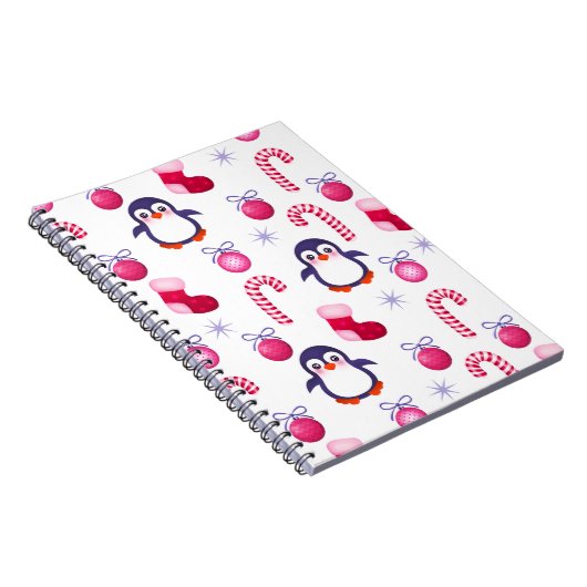Cute Pink & White Kerstpatroon met pinguïns Notitieboek (Rechterzijde)