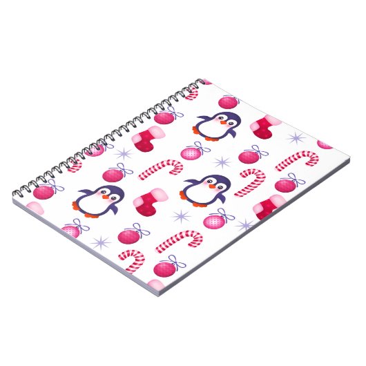 Cute Pink & White Kerstpatroon met pinguïns Notitieboek (Linkerzijde)