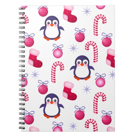 Cute Pink & White Kerstpatroon met pinguïns Notitieboek (Voorkant)