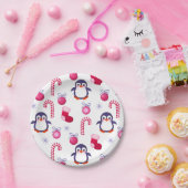 Cute Pink & White Kerstpatroon met pinguïns Papieren Bordje (Feest)