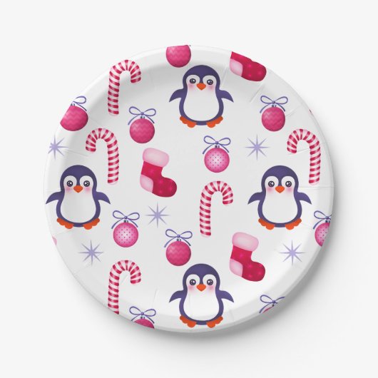 Cute Pink & White Kerstpatroon met pinguïns Papieren Bordje (Voorkant)