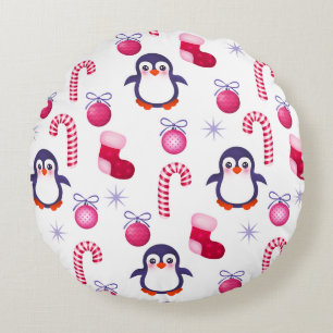 Cute Pink & White Kerstpatroon met pinguïns Rond Kussen