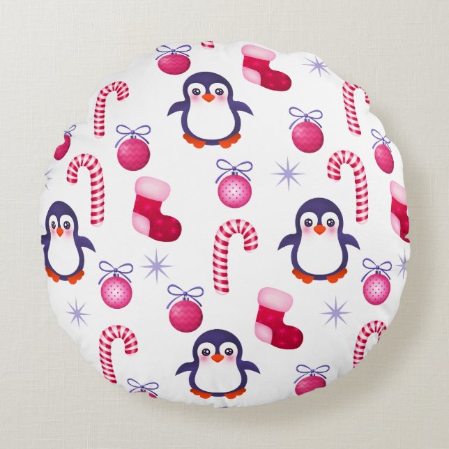 Cute Pink & White Kerstpatroon met pinguïns Rond Kussen (Voorkant)