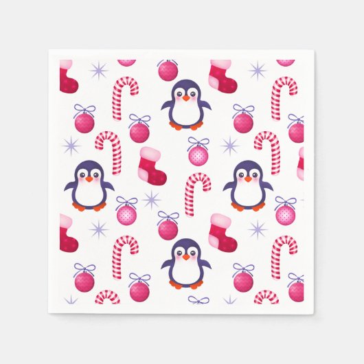 Cute Pink & White Kerstpatroon met pinguïns Servetten (Voorkant)