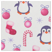 Cute Pink & White Kerstpatroon met pinguïns Stof (Close Up)