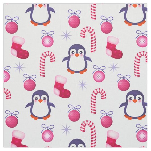 Cute Pink & White Kerstpatroon met pinguïns Stof (Swatch)