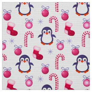 Cute Pink & White Kerstpatroon met pinguïns Stof