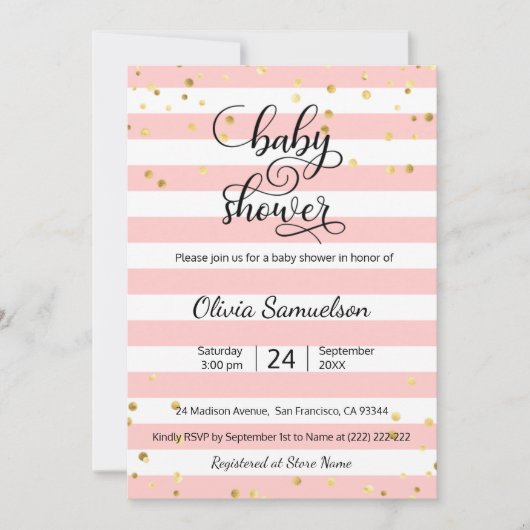 Cute Pink White Stripes Black Gold Baby shower Kaart (Voorkant)