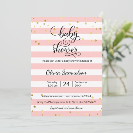 Cute Pink White Stripes Black Gold Baby shower Kaart (Staand voorkant)