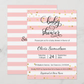 Cute Pink White Stripes Black Gold Baby shower Kaart (Voorkant / Achterkant)