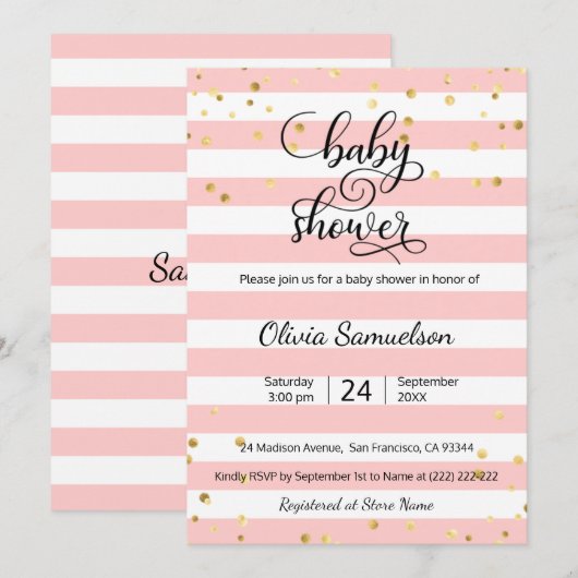 Cute Pink White Stripes Black Gold Baby shower Kaart (Voorkant / Achterkant)