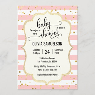 Cute Pink White Stripes Gold Black Baby shower Kaart