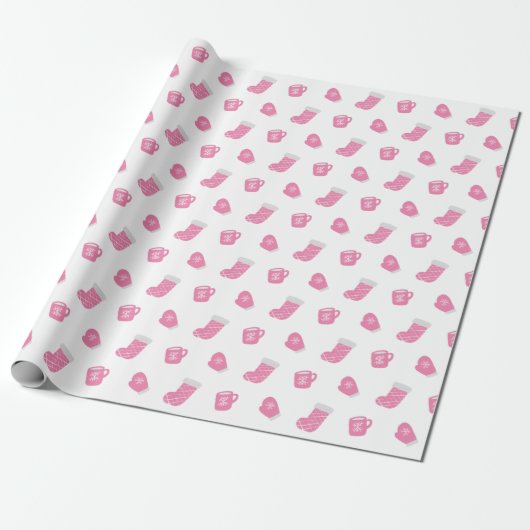 Cute Pink Winter Kerstpatroon Cadeaupapier (Uitgerold)