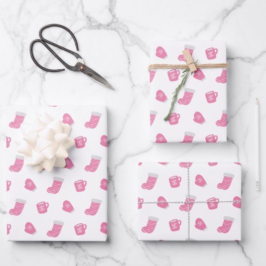 Cute Pink Winter Kerstpatroon Inpakpapier Vel (Voorkant)