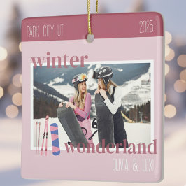 Cute Pink Winter Ski Theme Keepsake Photo  Keramisch Ornament