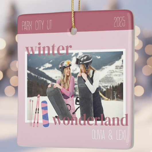 Cute Pink Winter Ski Theme Keepsake Photo  Keramisch Ornament