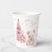 Cute Pink Winter Teddy Bear Bow Baby Girl Shower Papieren Bekers (Achterkant)