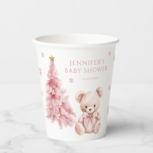Cute Pink Winter Teddy Bear Bow Baby Girl Shower Papieren Bekers (Voorkant)