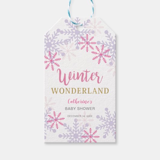 Cute Pink Winter Wonderland Baby shower Snowflakes Cadeaulabel (Voorkant)