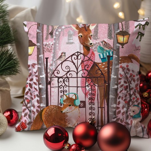Cute Pink Winter Woodland Animals Holiday Kussen