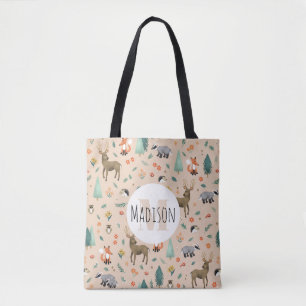Cute Pink Woodland Animals Monogram Kinder Tote Bag