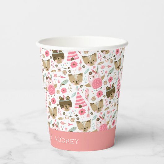 Cute Pink Woodland Animals Persoonlijke verjaardag Papieren Bekers (Achterkant)