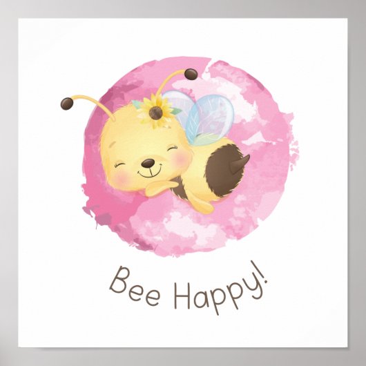 Cute Pink/Yellow bee Happy Girls Nursery Wall Art Poster (Voorkant)