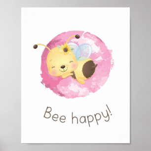 Cute Pink/Yellow bee Happy Nursery Girls Wall Art Poster