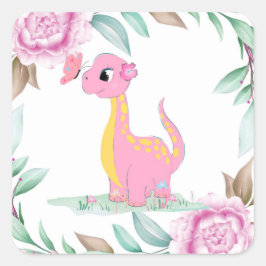 Cute Pink Yellow Dinosaur Butterfly Baby shower Cl Vierkante Sticker
