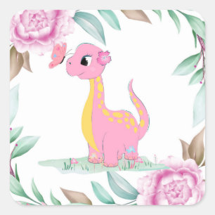 Cute Pink Yellow Dinosaur Butterfly Baby shower Cl Vierkante Sticker