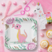 Cute Pink Yellow Dinosaur Butterfly Baby shower Papieren Bordje (Feest)