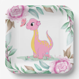 Cute Pink Yellow Dinosaur Butterfly Baby shower Papieren Bordje