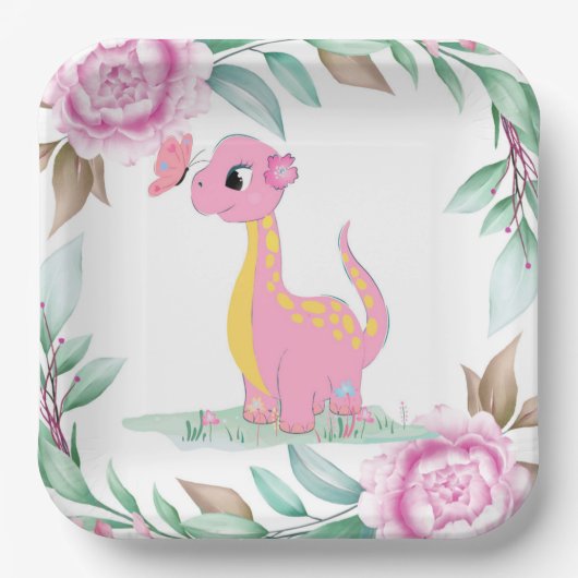 Cute Pink Yellow Dinosaur Butterfly Baby shower Papieren Bordje (Voorkant)