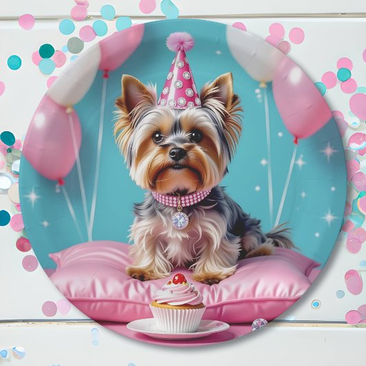 Cute Pink Yorkie Birthday Papieren Bordje