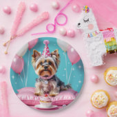 Cute Pink Yorkie Birthday Papieren Bordje (Feest)