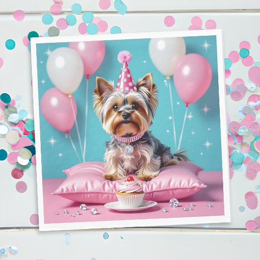 Cute Pink Yorkie Birthday Servet