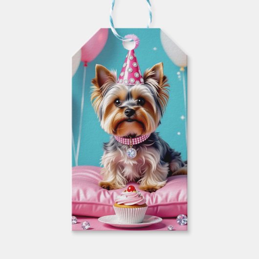 Cute Pink Yorkie Birthday To and From Cadeaulabel (Voorkant)