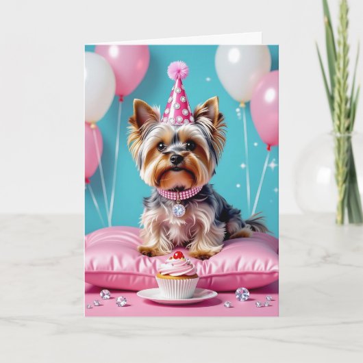 Cute Pink Yorkie Niece's Birthday Kaart (Voorkant)
