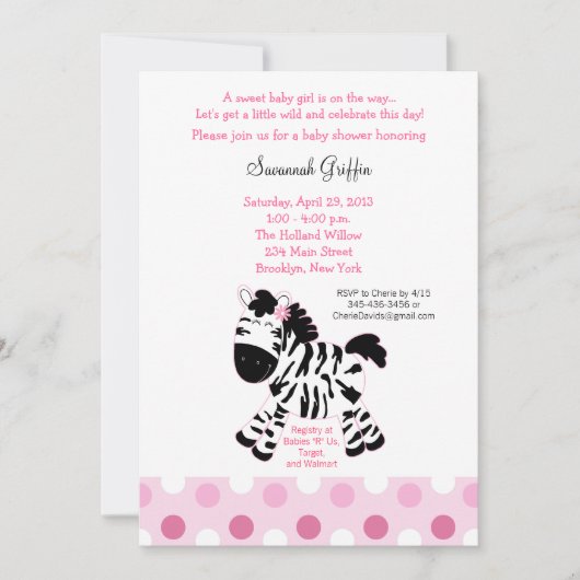 Cute Pink Zebra Baby shower 5x7 Uitnodiging (Voorkant)
