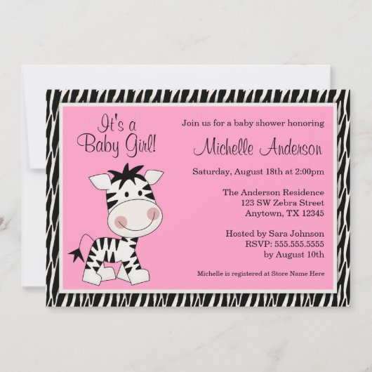 Cute Pink Zebra Baby Shower-uitnodigingen Kaart (Voorkant)