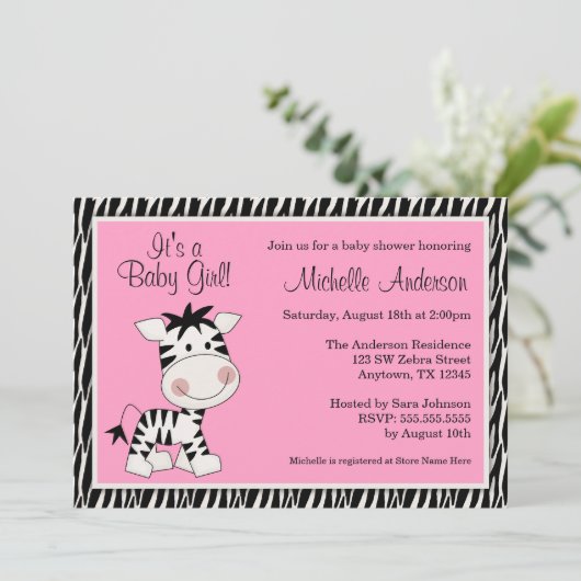 Cute Pink Zebra Baby Shower-uitnodigingen Kaart (Staand voorkant)