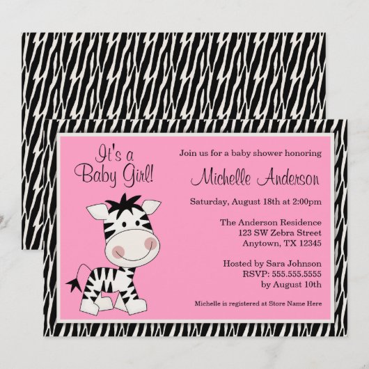 Cute Pink Zebra Baby Shower-uitnodigingen Kaart (Voorkant / Achterkant)