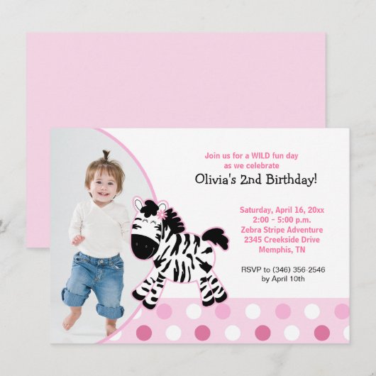 Cute Pink Zebra Girl Photo Birthday Invitation Kaart (Voorkant / Achterkant)