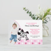 Cute Pink Zebra Girl Photo Birthday Invitation Kaart (Staand voorkant)