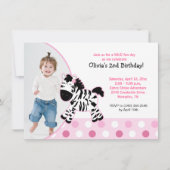 Cute Pink Zebra Girl Photo Birthday Invitation Kaart (Voorkant)