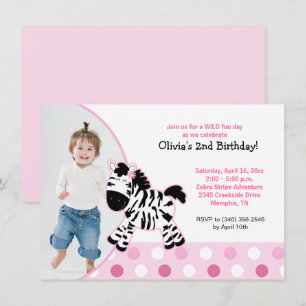 Cute Pink Zebra Girl Photo Birthday Invitation Kaart