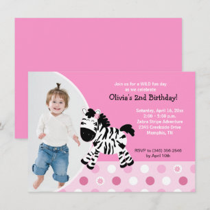 Cute Pink Zebra Girl Photo Birthday Invitation Kaart